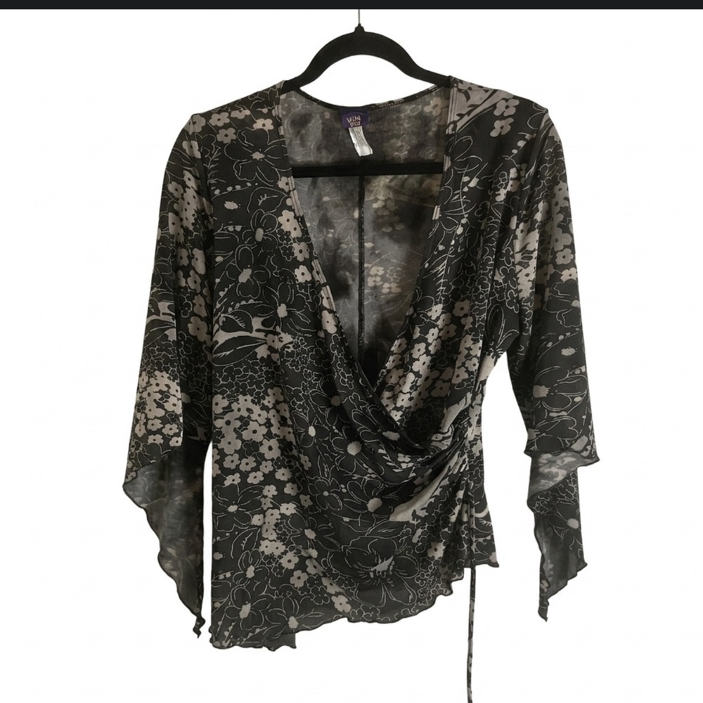90s Wild Cat Floral Surplice Wrap Top Bell Sleeves Fairy Grunge Y2K XL